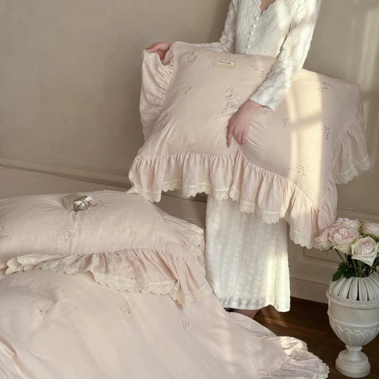 Pink Rose Embroidered Ruffle Bedding Set