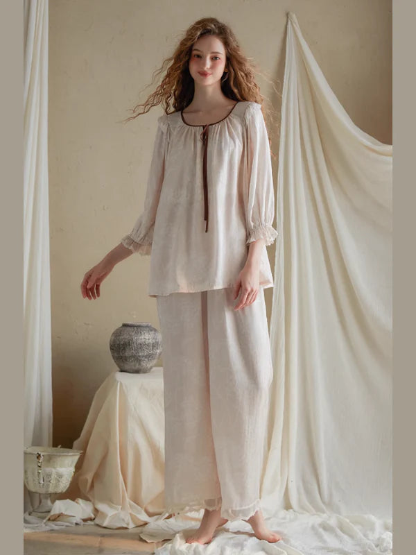 Vintage Ruffled Lace Trim Pajama Set