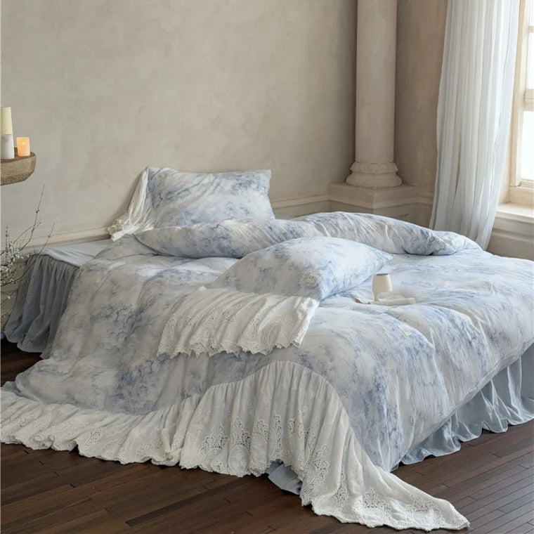 Watercolor Blue Lace Ruffle Bedding Set