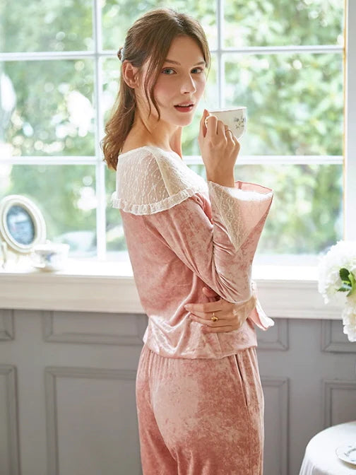 Blush Velvet Lace-Trim Pajama Set