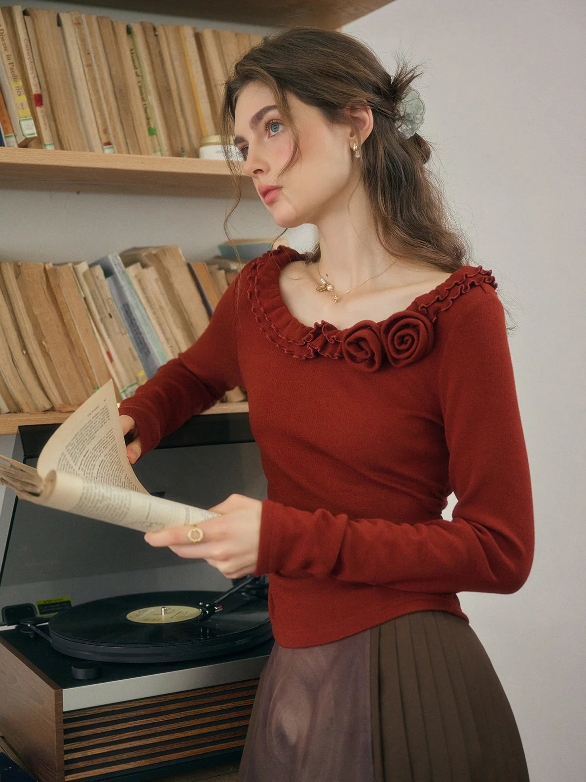 Rosette Ruffle Knit Top