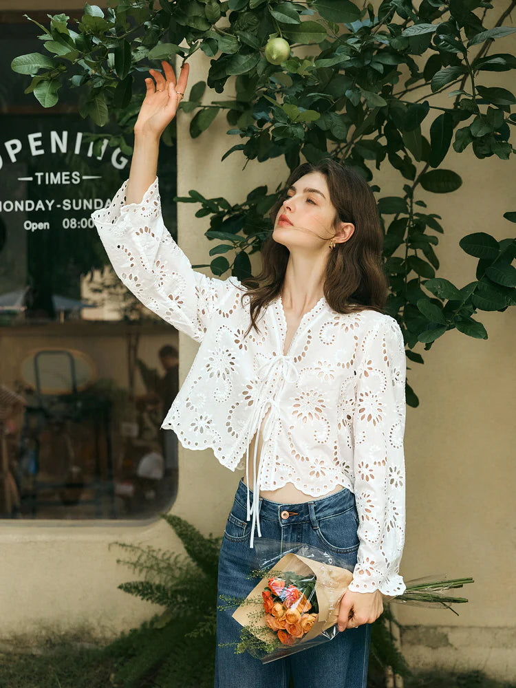 Floral Eyelet Lace Tie-Front Blouse