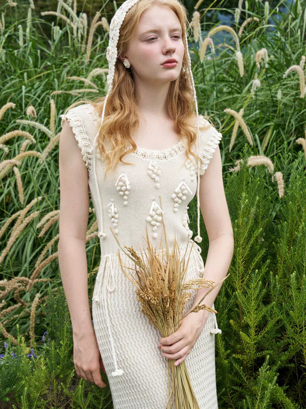 Ivory Grape-Decor Wool Dress