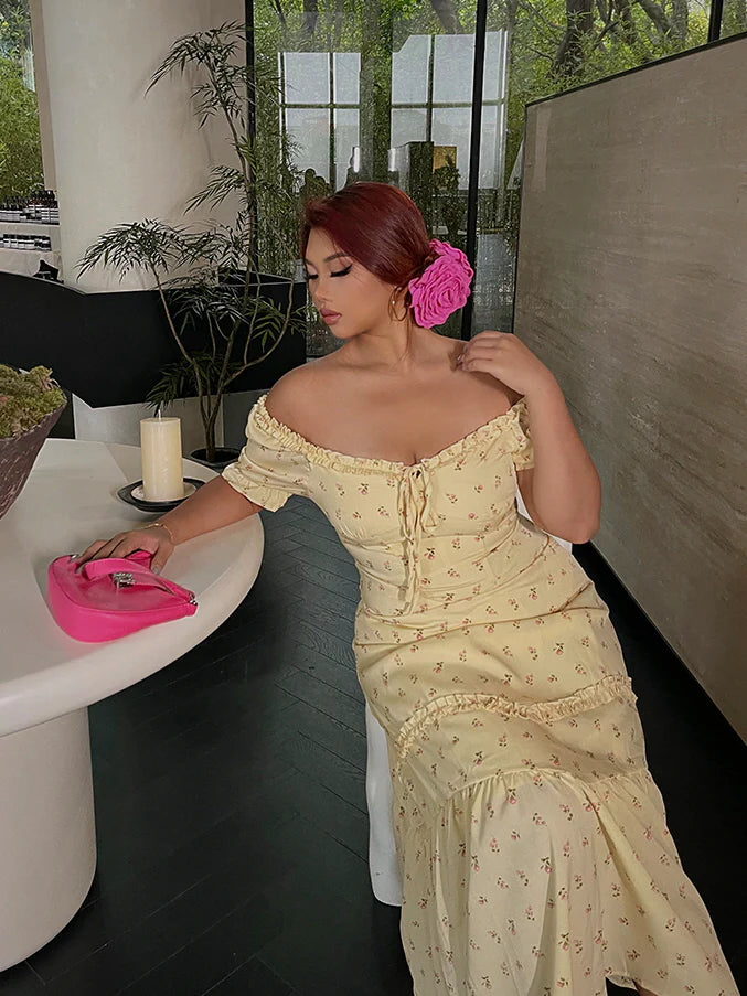 Lemon Blossom Ruffle Midi Dress