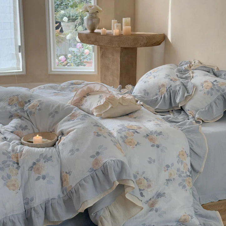 Dusty Blue Rose Print Ruffle Bedding Set