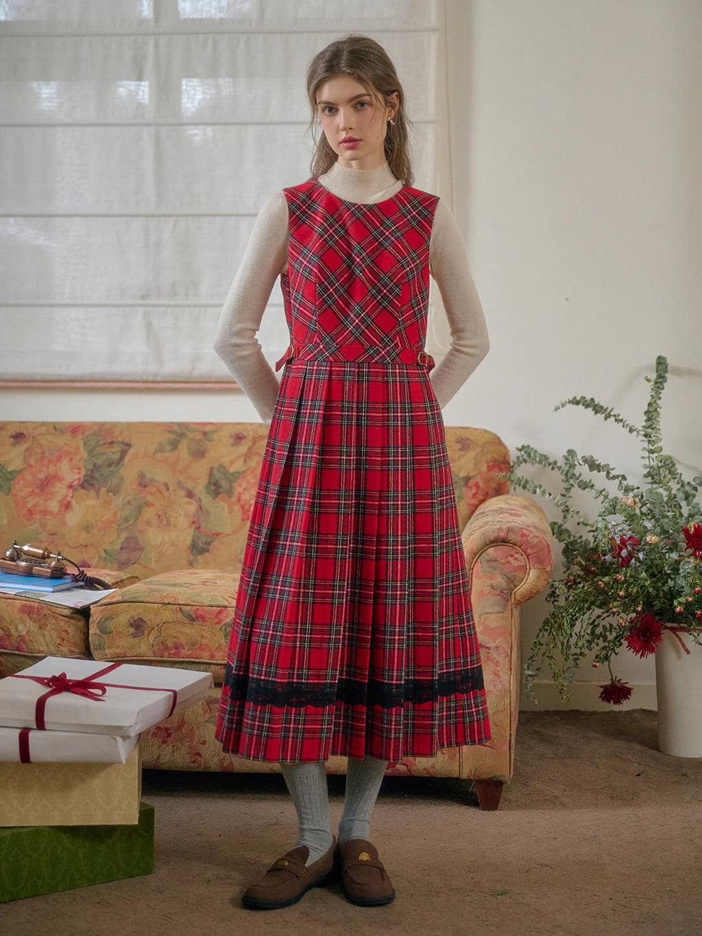 Classic Red Tartan Plaid Sleeveless Dress