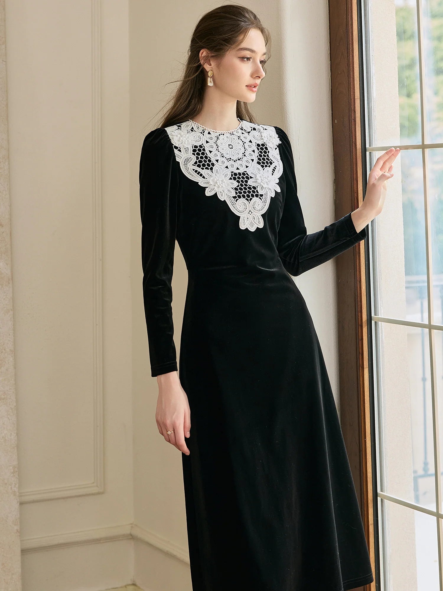 Vintage Black Lace Velvet Winter Dress