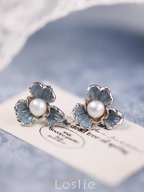 Natural Pearl Blue Flower Earrings