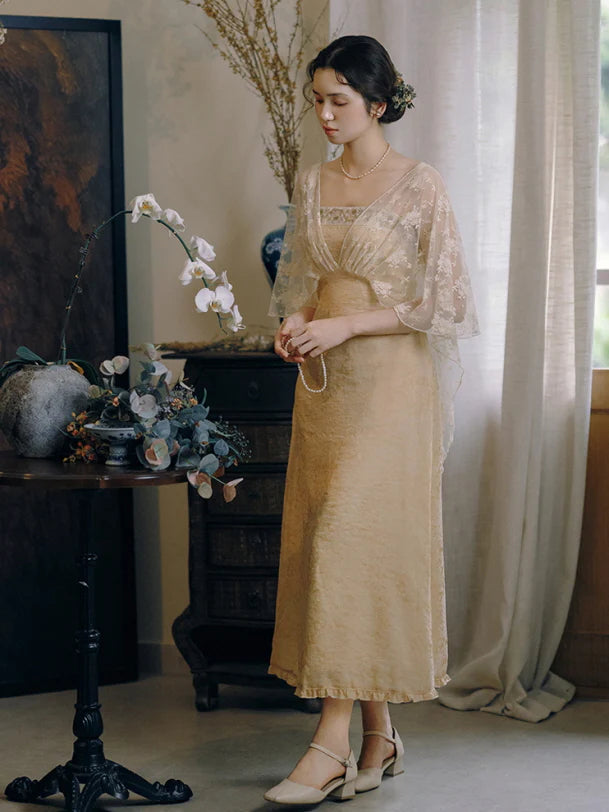 Golden Bloom Lace Overlay Dress