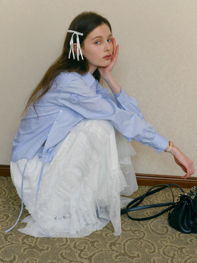 Powder Blue Floral Embellished Blouse