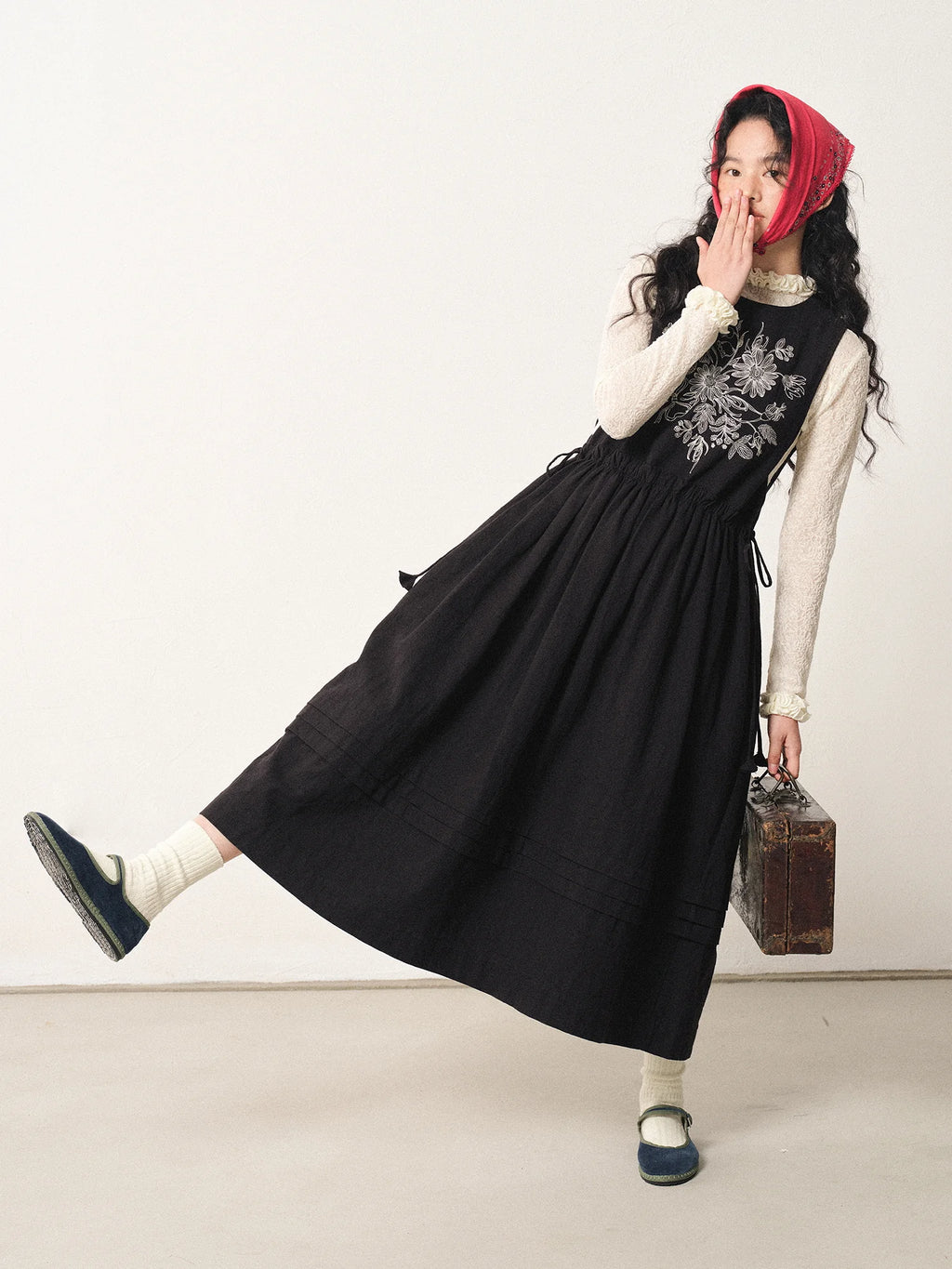 Floral Embroidered Linen-Cotton Pinafore Dress