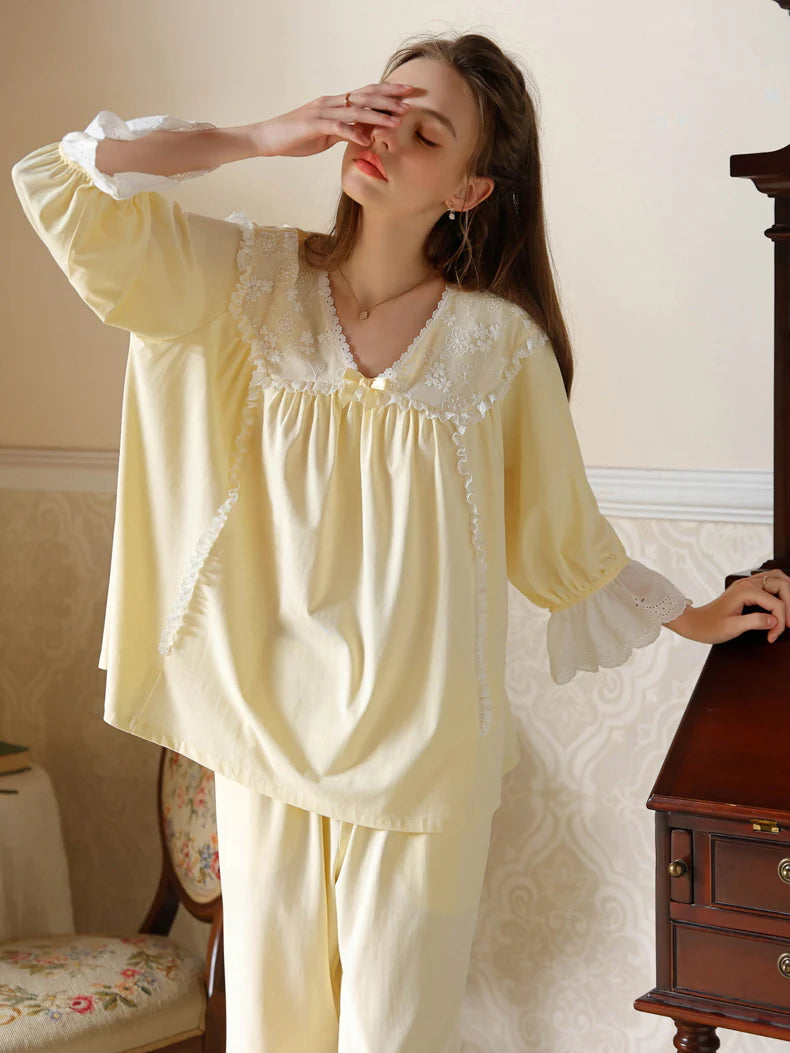 Floral Lace Trim Cotton Pajama Set
