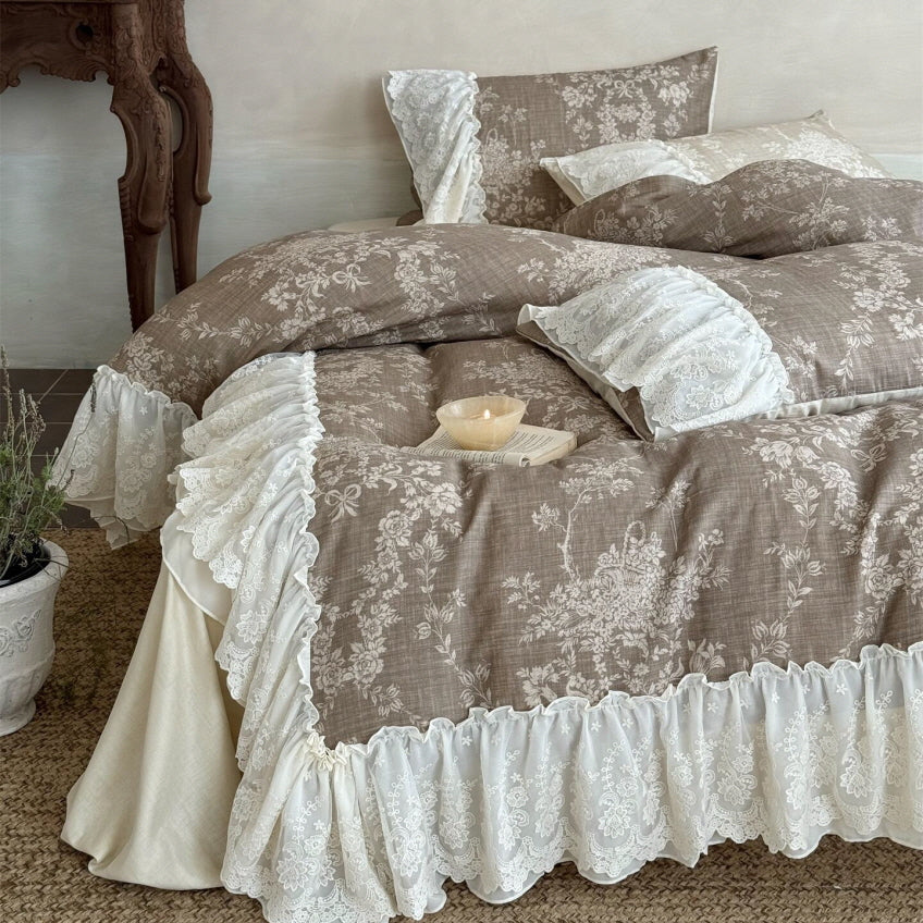 Brown Floral Lace Ruffle Bedding Set