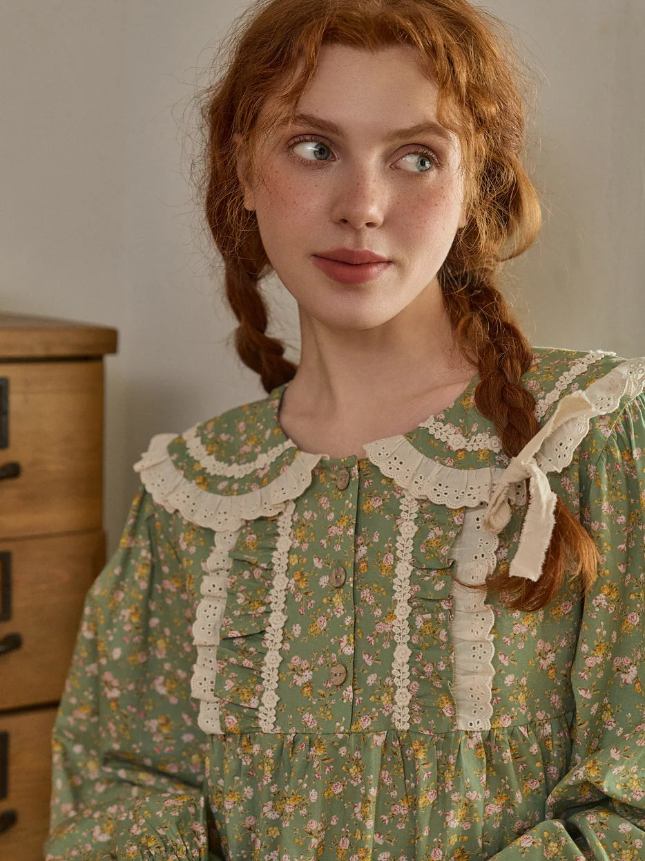 Green Floral Lace Trim Pajama Set