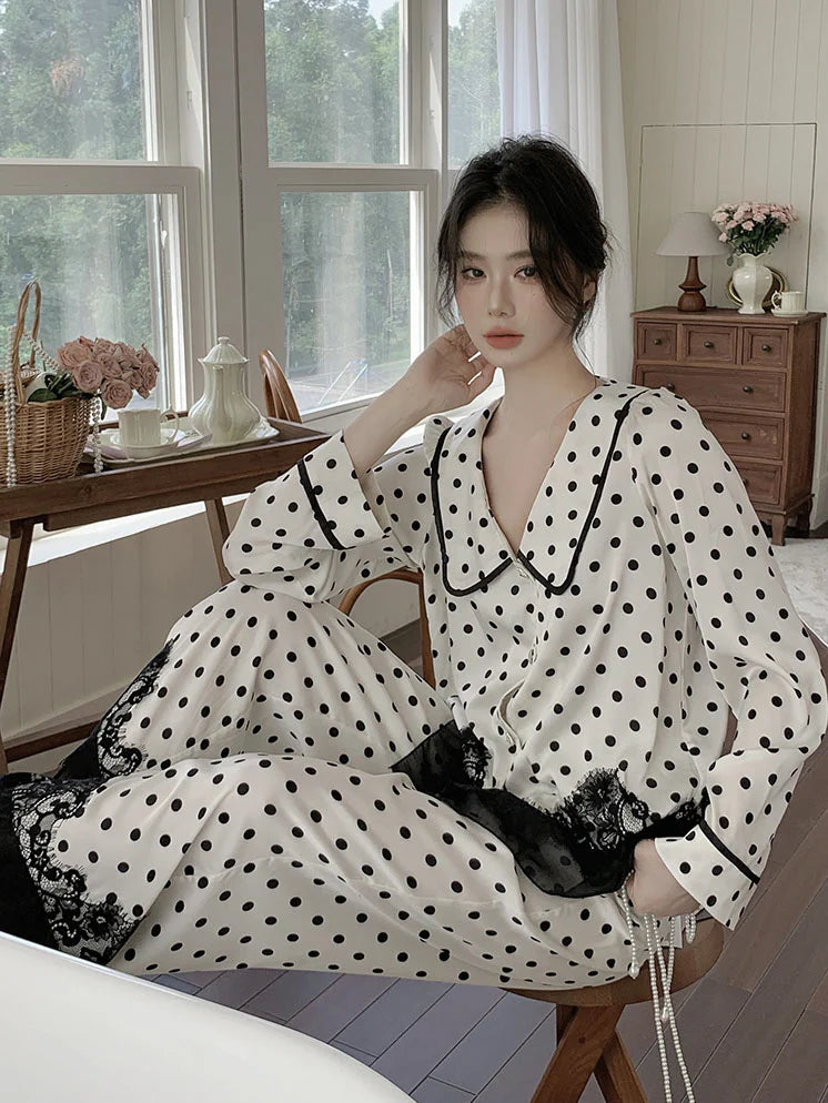 Polka Dot Lace-Trim Pajama Set