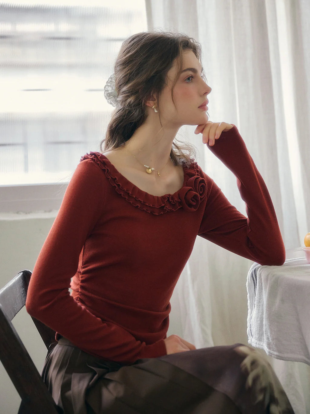 Rosette Ruffle Knit Top