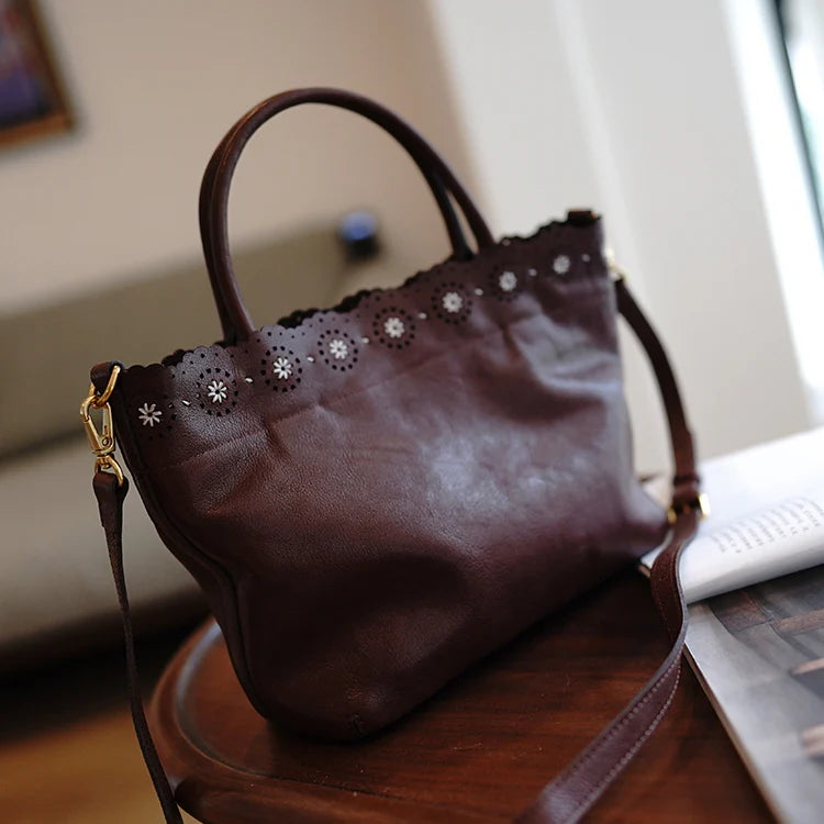 Scalloped Edge Genuine Leather Tote Bag