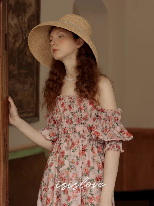 Vintage Pink Flower Off-Shoulder Dress