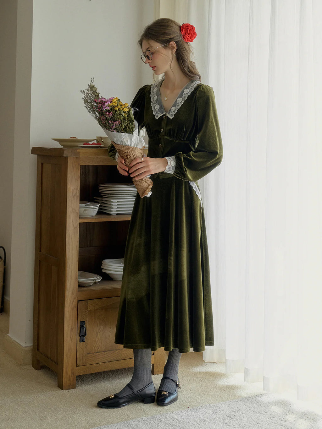 Velvet Elegance Green Lace-Trim Blouse