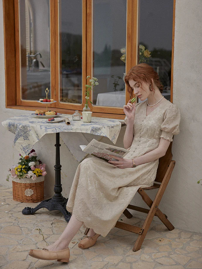 Vintage Lace Buttoned Puff Sleeve Dress