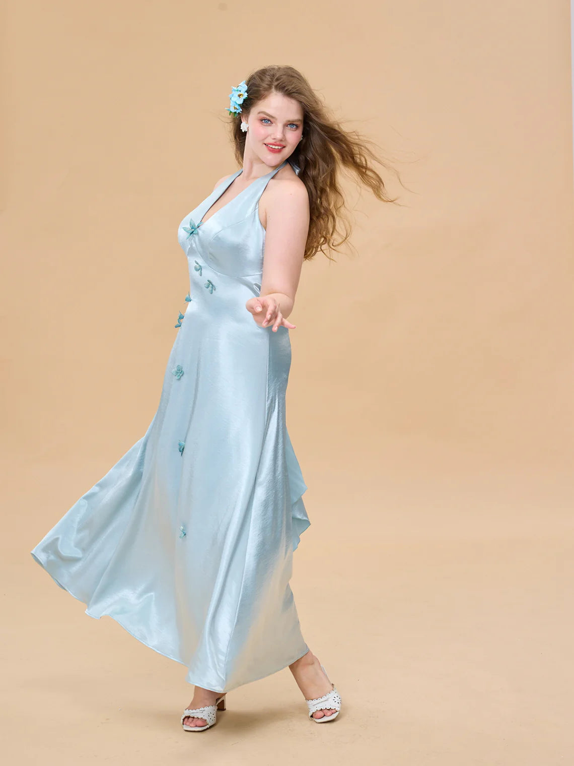 Ocean Bloom Satin Halter Dress
