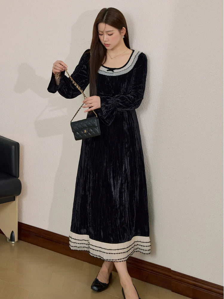 Midnight Velvet Bow Collar Dress