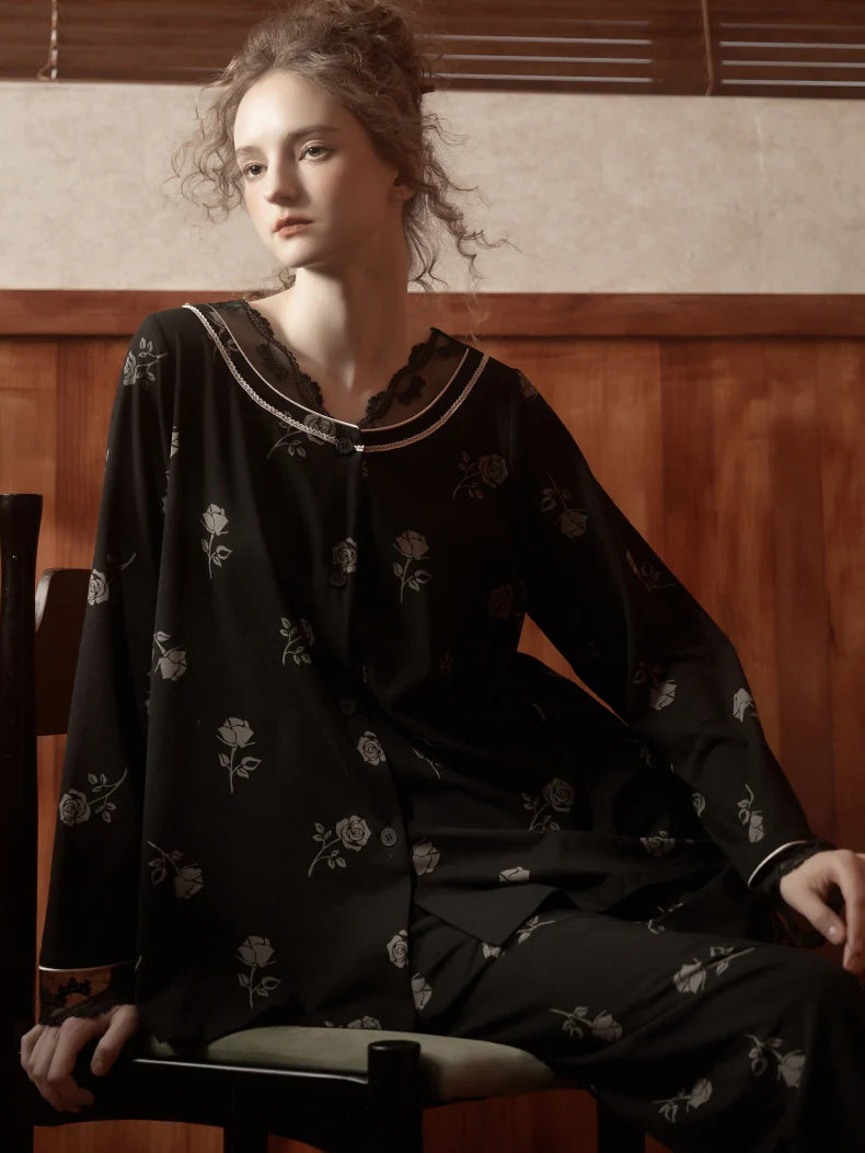 Vintage Rose Lace Trim Pajama Set