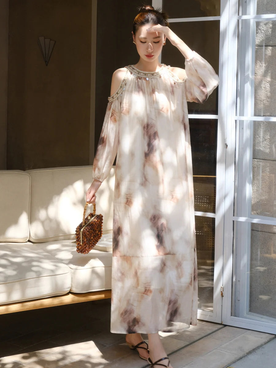 Elegant Cold-Shoulder Tie-Dye Dress