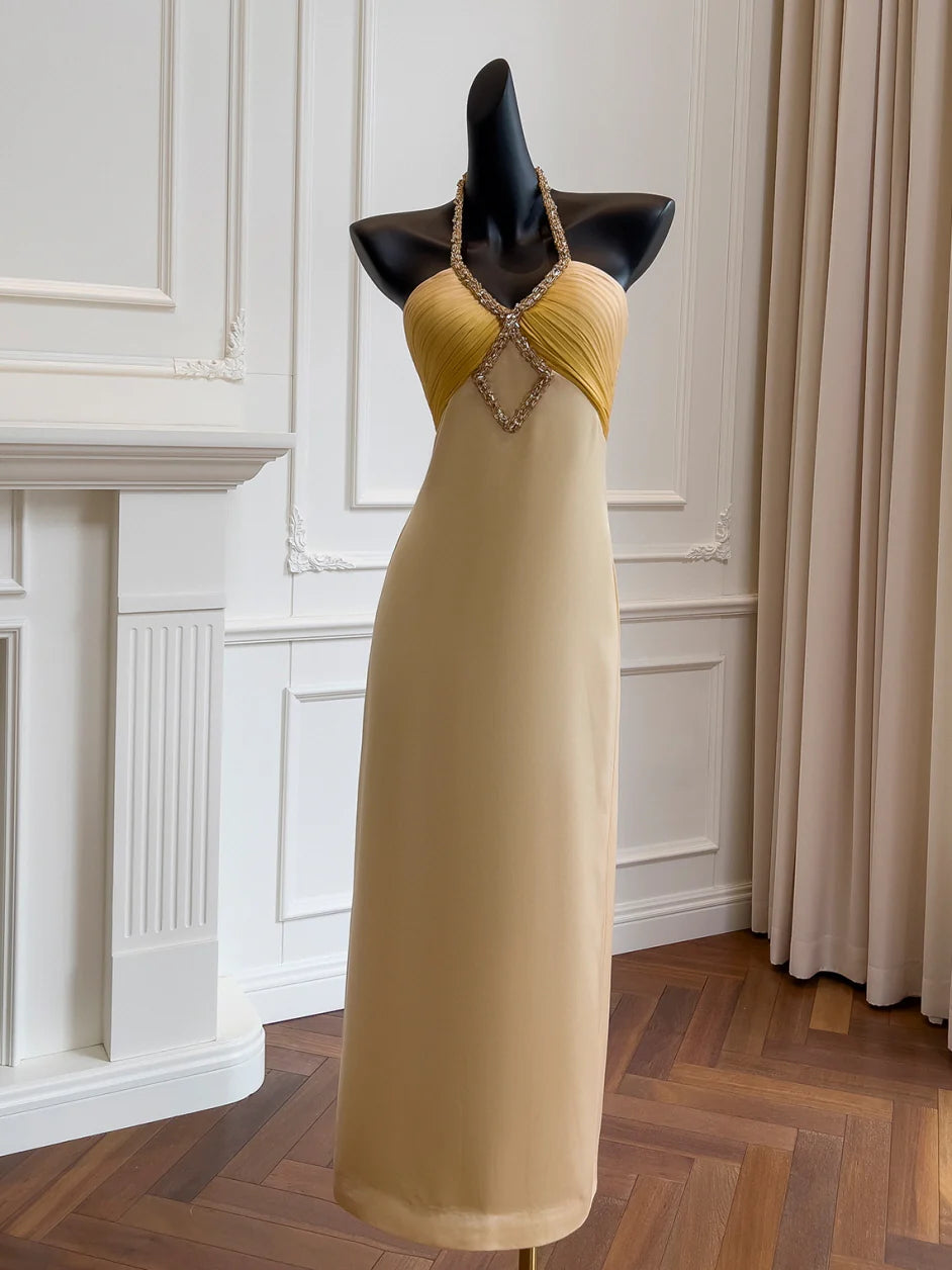 Golden Twilight Beaded Halter Dress