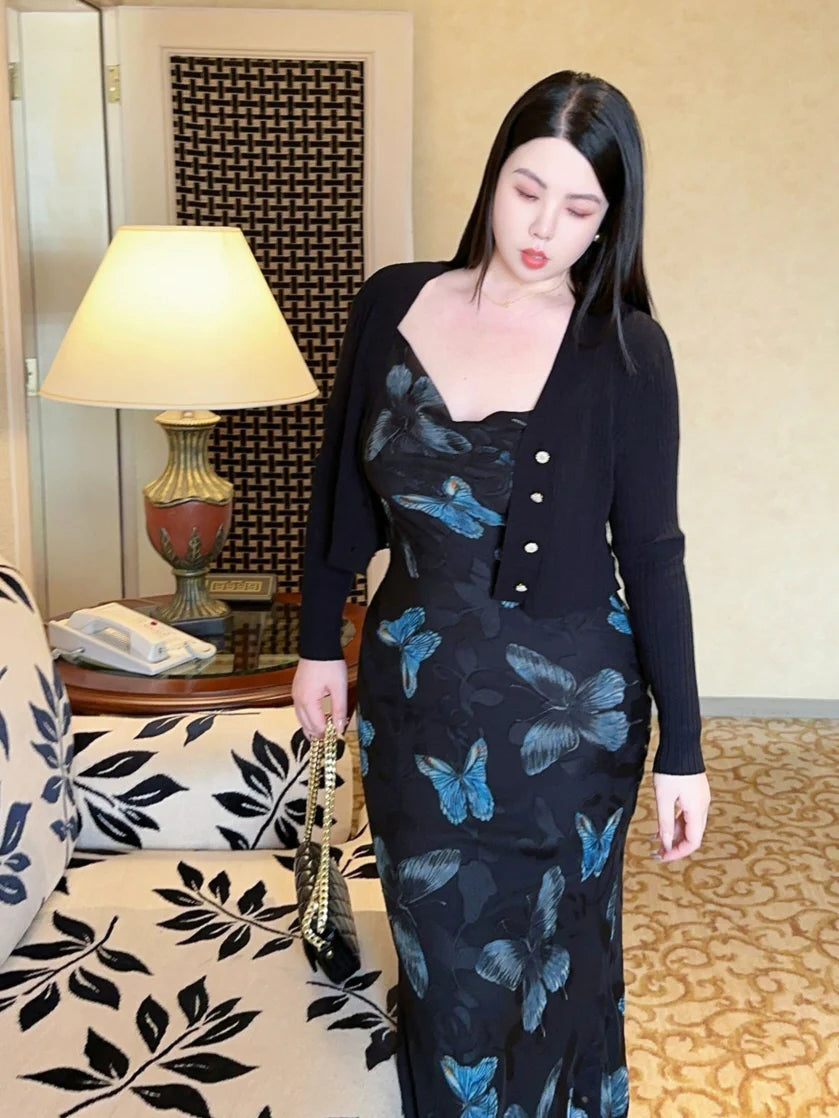 Plus Size Midnight Blue Butterfly Slip Dress