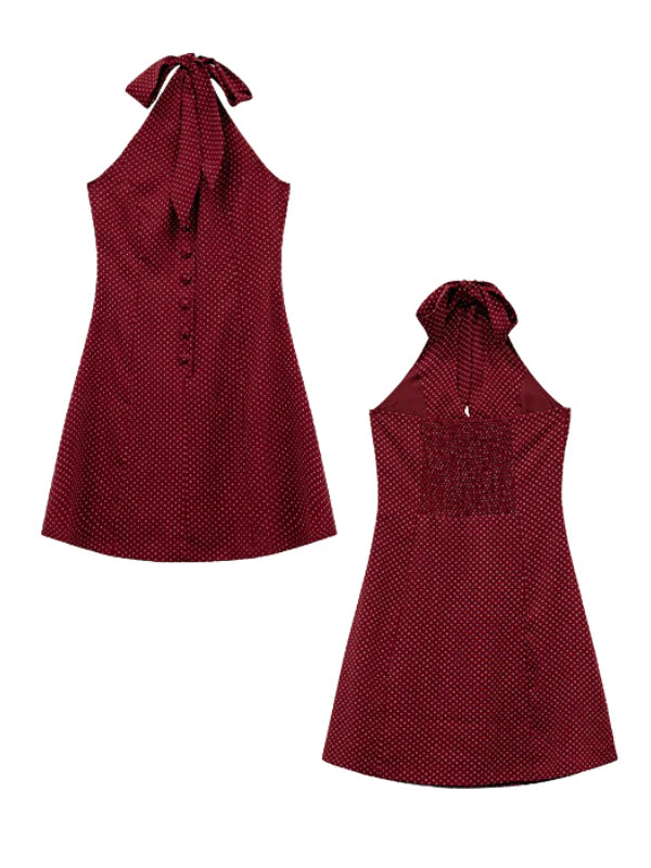 Cherry Ribbon Polka Dot Halter Dress