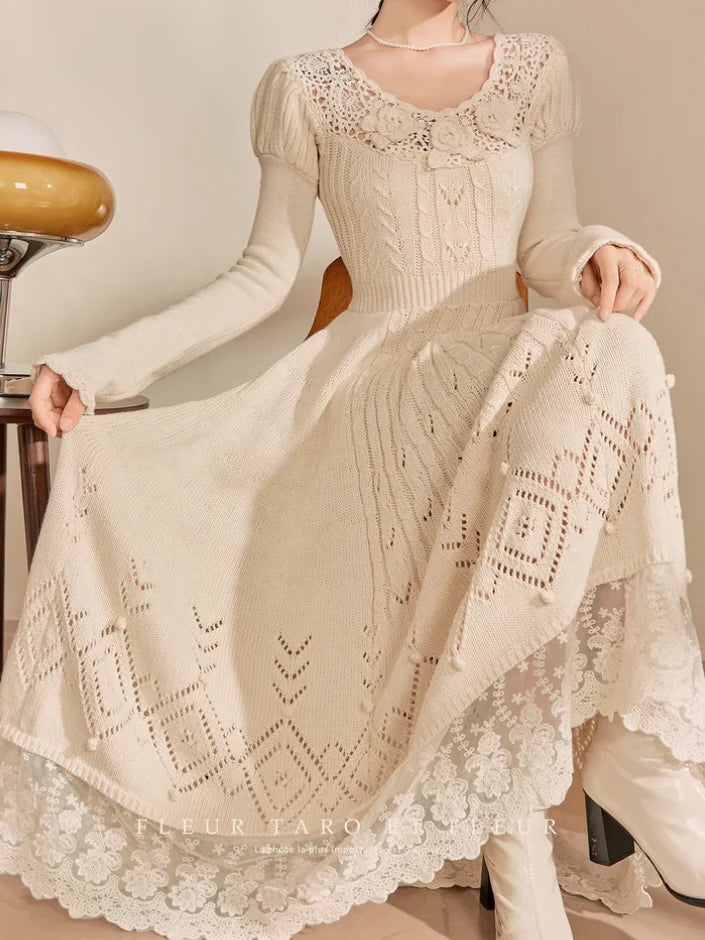 Ivory Rose Crochet Lace Knit Dress