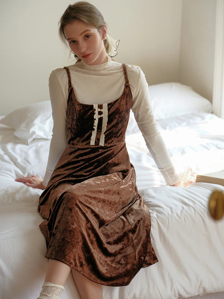 Butterfly Embossed Velvet Pinafore Dress