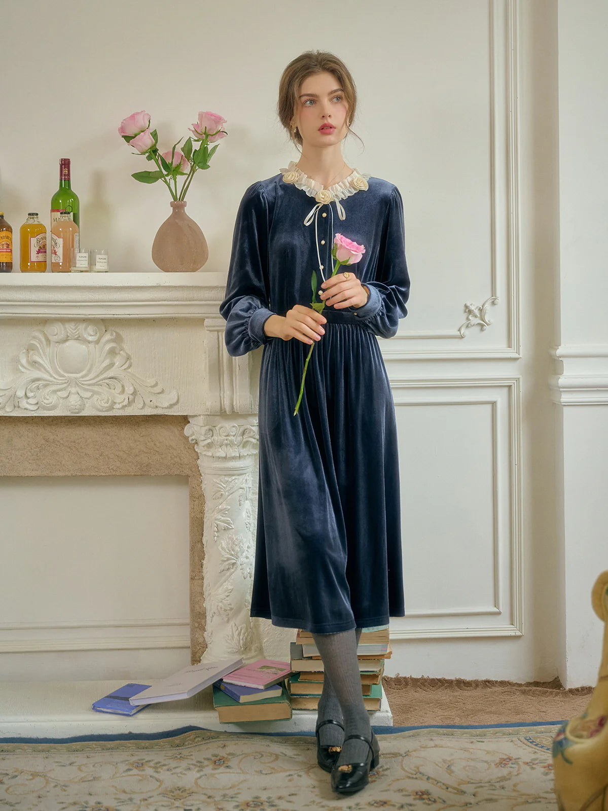 Velvet Rose Collar Blue Dress