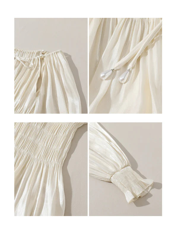 Pearl Ribbon Shirred Ivory Blouse