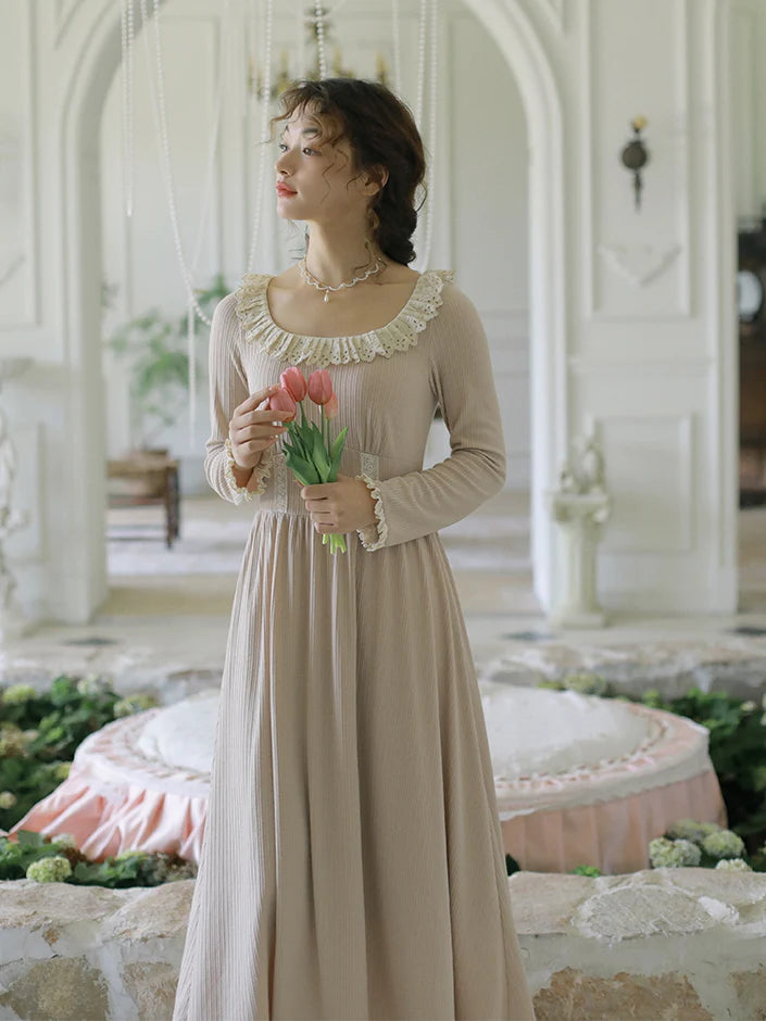 Vintage-Inspired Lace Trim Corduroy Dress