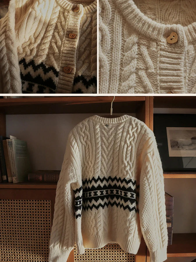 Geometric Pattern Vintage Cream Wool Cardigan