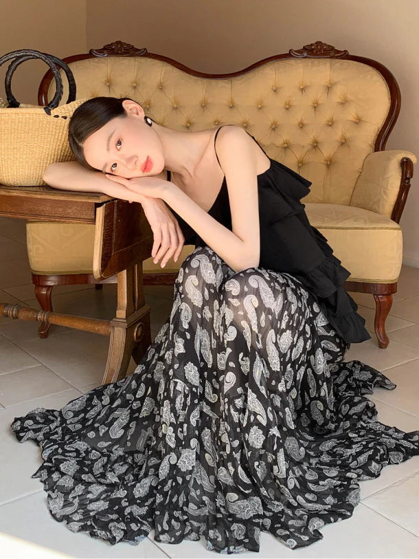 Black Ruffle Camisole & Paisley Maxi Skirt
