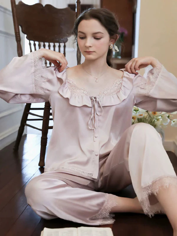 Vintage Lace-Frill Satin Slumber Pajama