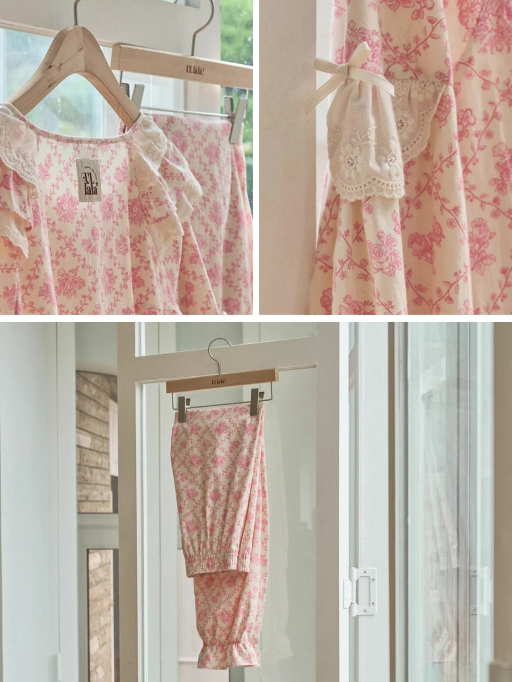 Pink Floral Lace Ruffle Loungewear Set