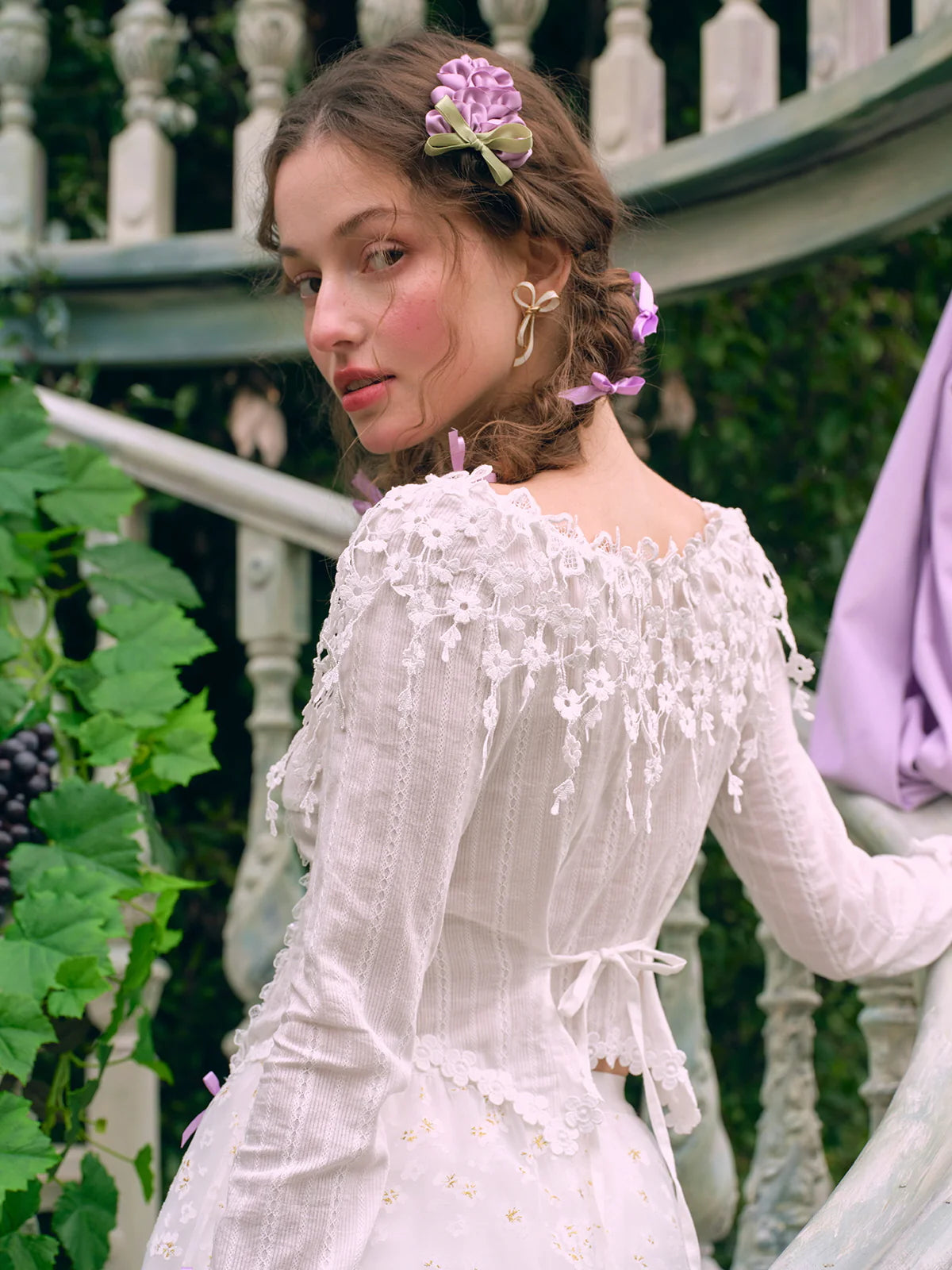 Lilac Ribbon Embroidered Lace Blouse