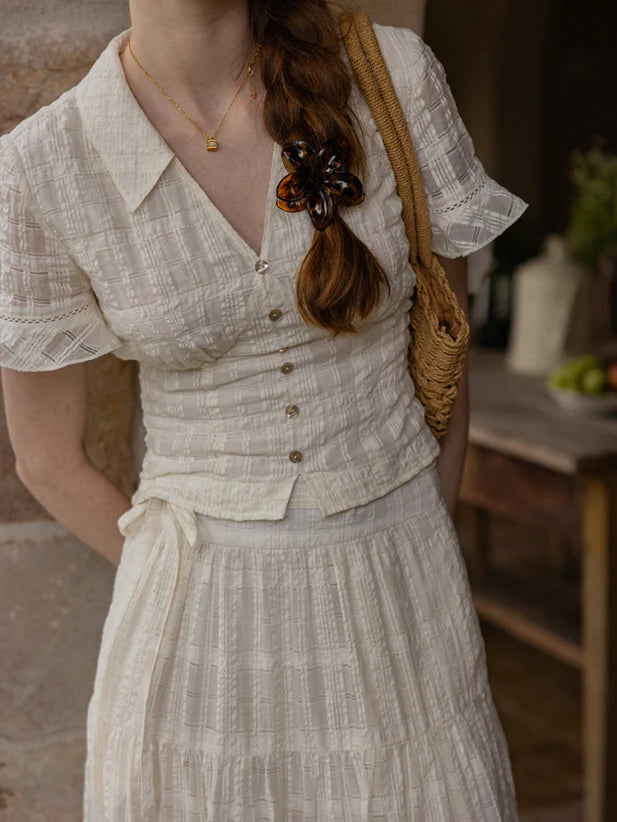 Vintage Textured Cotton Blouse & Skirt