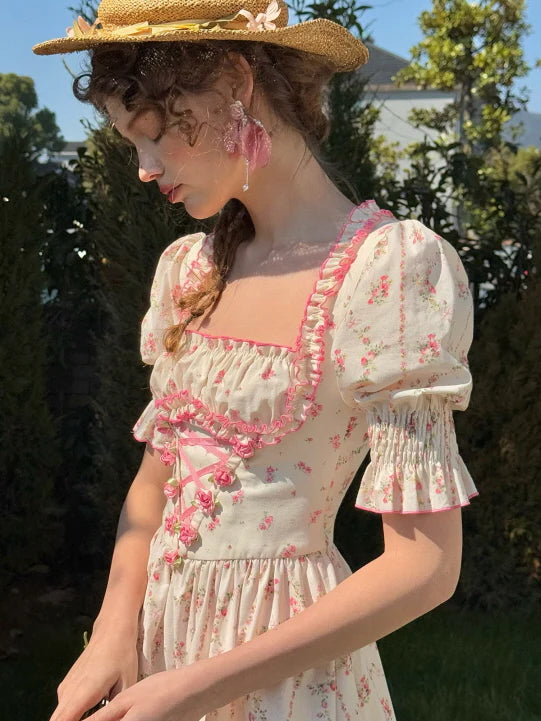 Strawberry Bloom Lace-Up Dress