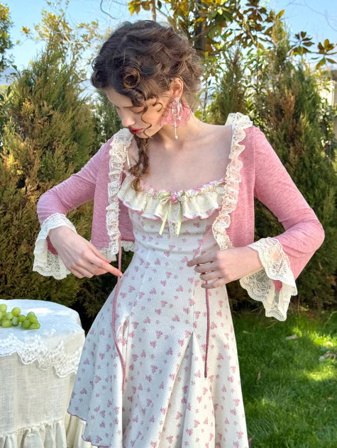 Vintage Rosebud Lace-Trimmed Knit Dress