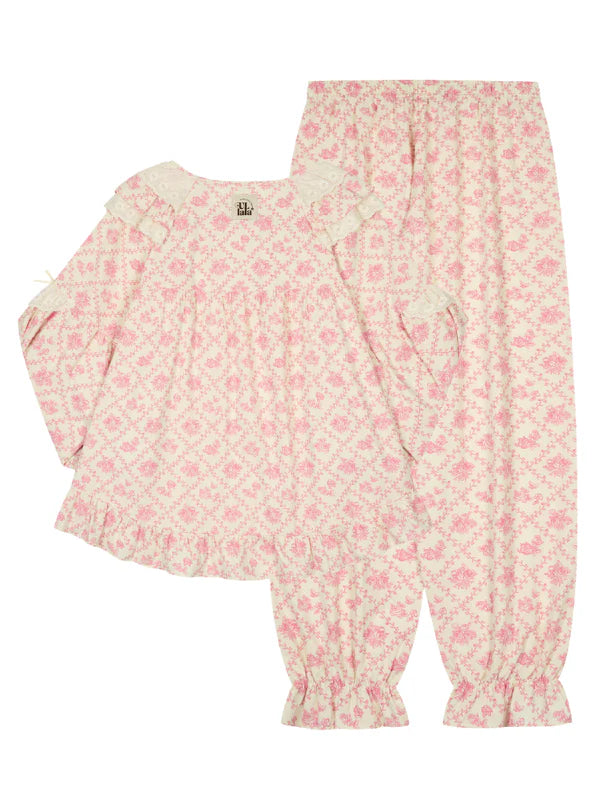 Pink Floral Lace Ruffle Loungewear Set