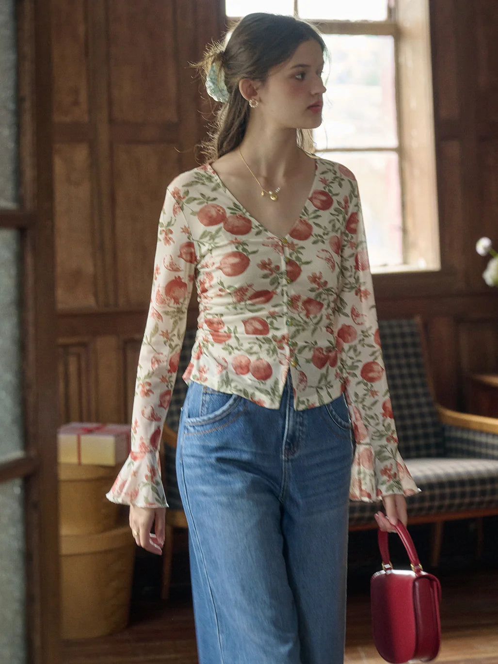 Pomegranate Vintage Print Button-Up Top