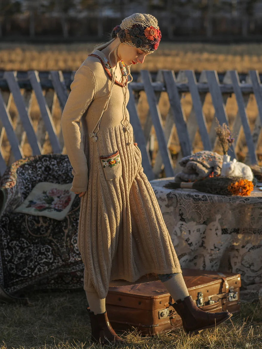 Warm Beige Elegance Floral Knit Dress