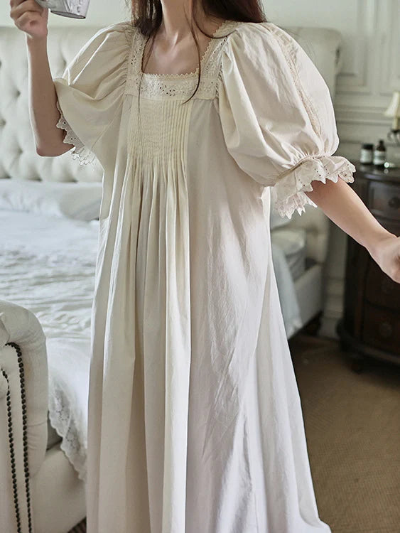 Square Neck Pintuck Cotton Nightgown