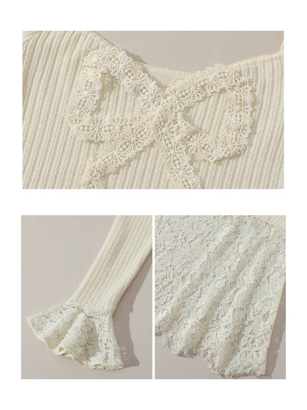 Elegant Lace Trim  Flared Sleeves Knit Dress