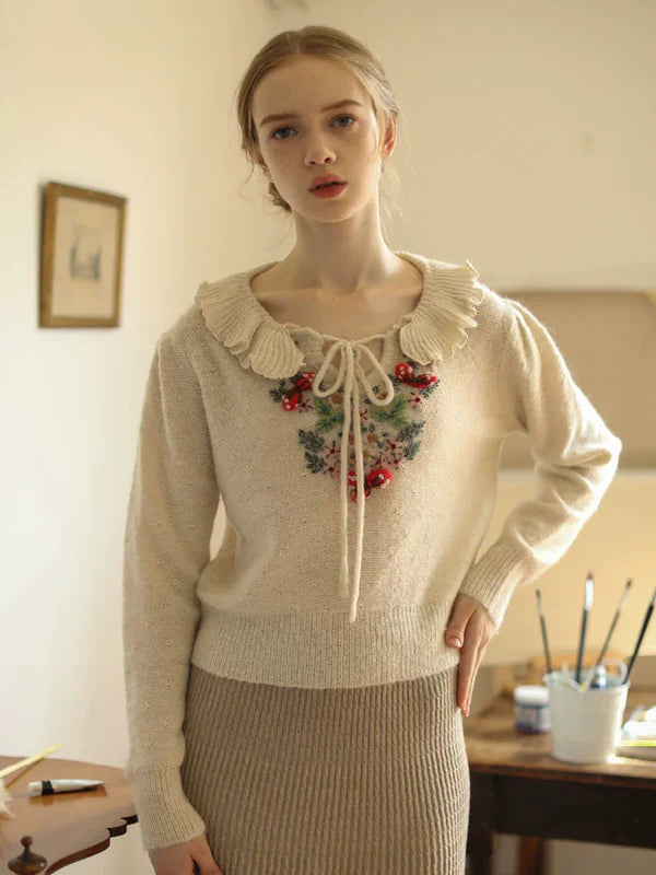 Frilled Collar Floral Embroidered Sweater